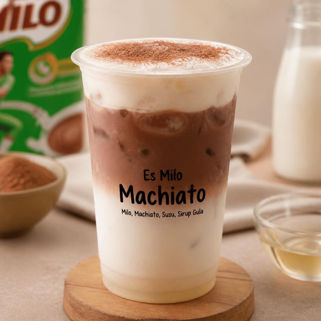 Es Milo Machiato Kopi Ruang Hati dengan milo machiato susu dan sirup gula